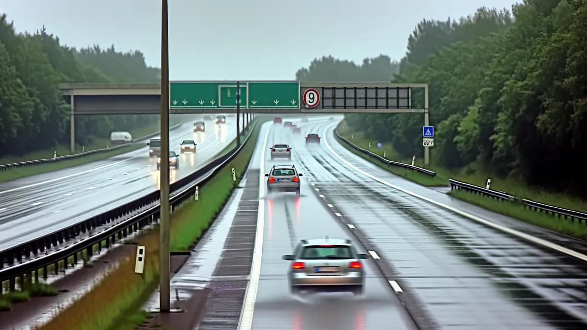 Autobahn Abstandsblitzer Messstelle Abstandsblitzer A57 bei Neukirchen-Vluyn (km 49.730, Richtung Köln) auf der A57, Fahrtrichtung Köln